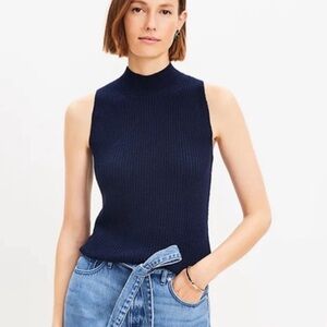 LOFT Navy Blue Ribbed Mock Neck Sleeveless Sweater, Size XL, NWT
